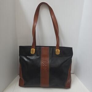 Vintage Marino Orlandi Italian Leather Tote Purse Black Cognac Beautiful Italy